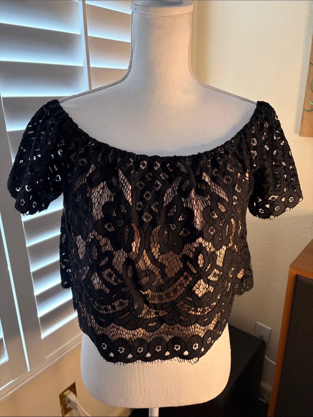 🖤🌺Mahina Gorgeous Sexy Black Lace Off Shoulder, Fully Lined Cropped Top Sz L